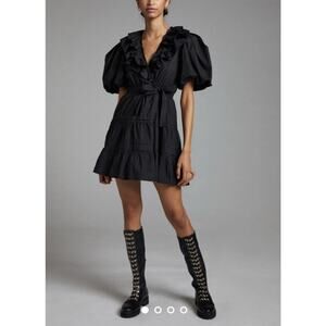 Love The Label Remy Balloon Sleeve Wrap Mini Dress In Black Ruffle L